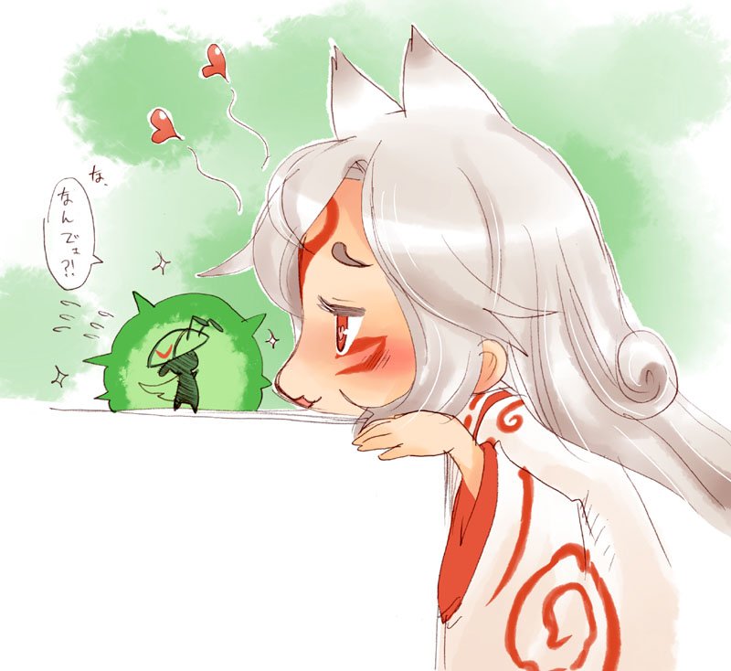 amaterasu, animal_ears, enraku_(pixiv), heart, issun, okami, personification, red_eyes
