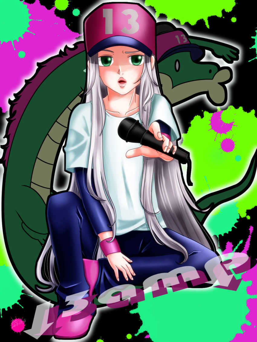 13-amp, 1girl, baseball_cap, character_name, cocked_eyebrow, commentary_request, dated, graffiti