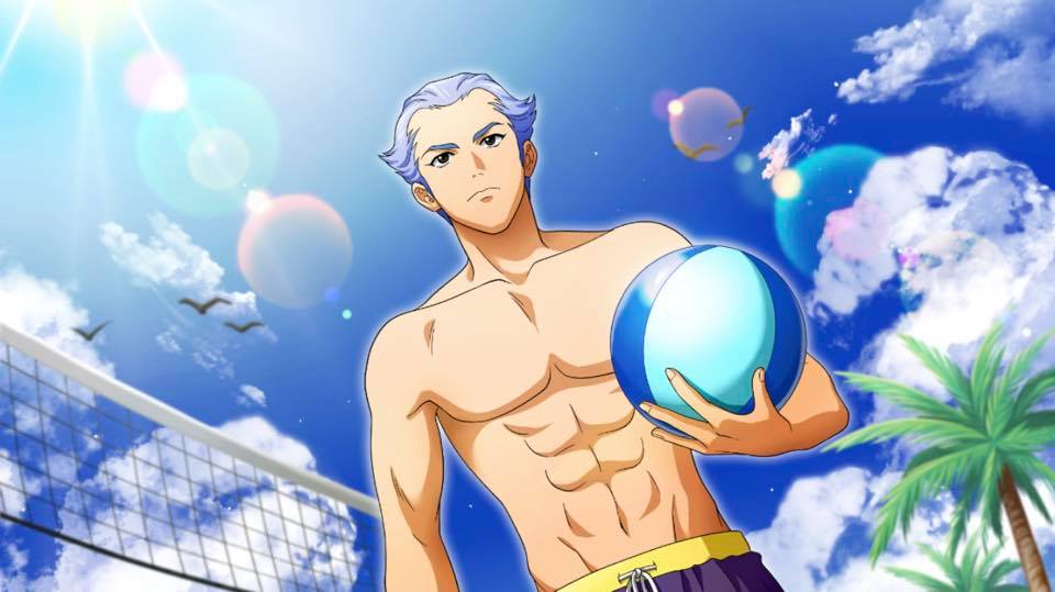 1boy, abs, ball, beach, beachball, bird, black_eyes, gamlin_kizaki
