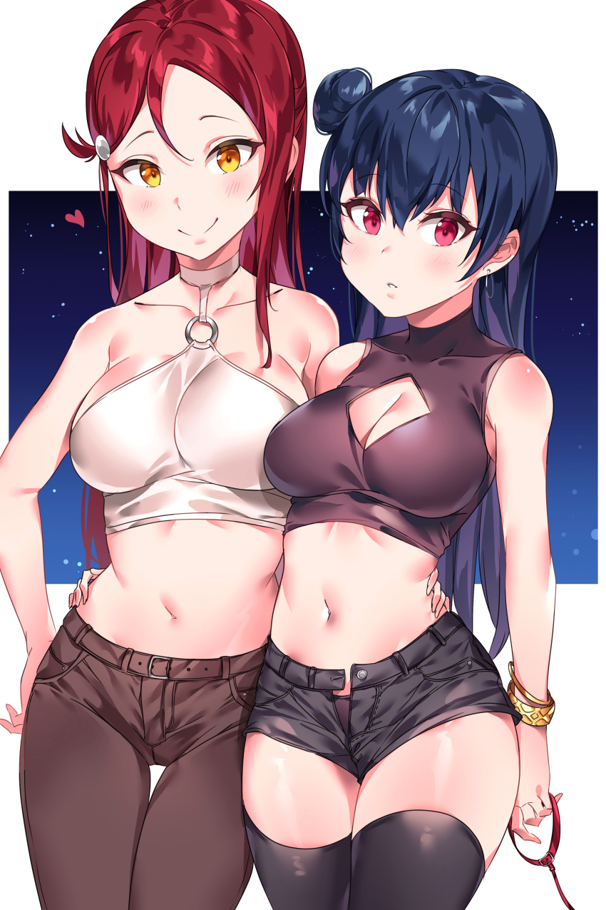 2girls, :o, absurdres, alternate_costume, arm_around_waist, bangle, bangs, bare_arms