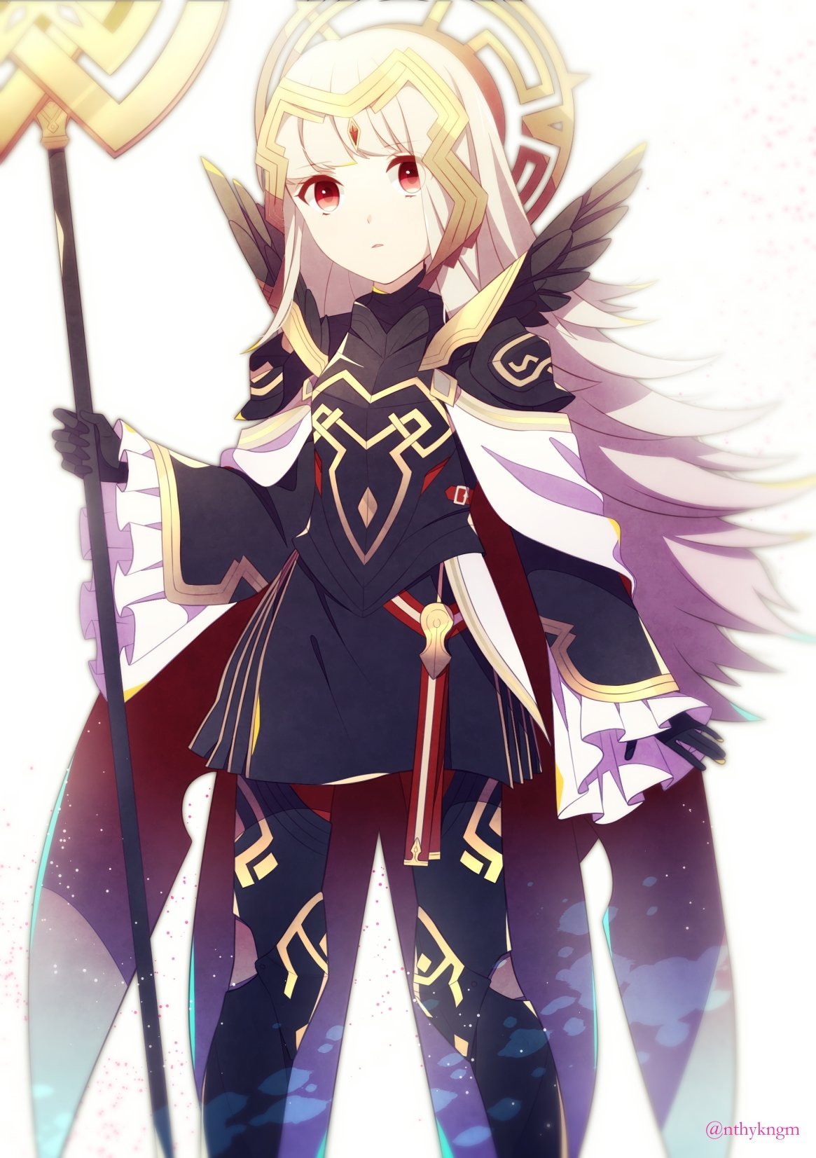1girl, armor, black_armor, black_gloves, cape, crml_orng, crown, fire_emblem, fire_emblem_heroes, gloves, grey_hair, hair_ornament, highres, holding, holding_staff, long_hair, long_sleeves, parted_lips, red_eyes, shoulder_armor, simple_background, solo, staff, standing, twitter_username, veronica_(fire_emblem), white_background