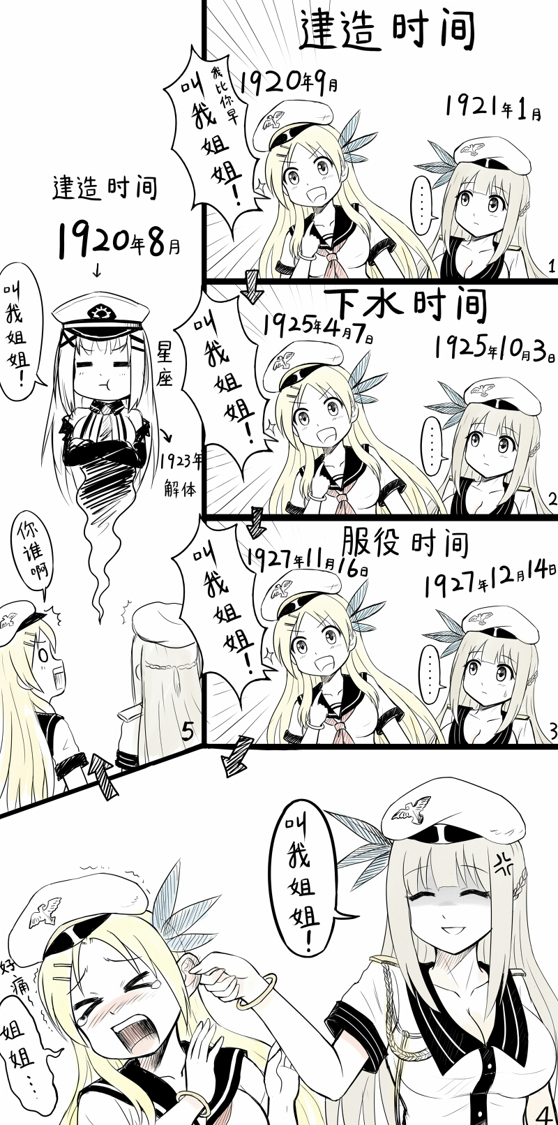 3girls, anger_vein, blonde_hair, bracelet, braid, chinese, closed_eyes, collarbone, comic, constellation_(zhan_jian_shao_nyu), french_braid, grey_hair, hair_ornament, hairclip, hat, highres, jewelry, lexington_(zhan_jian_shao_nyu), long_hair, multiple_girls, open_mouth, partially_colored, saratoga_(zhan_jian_shao_nyu), short_sleeves, translation_request, y.ssanoha, zhan_jian_shao_nyu