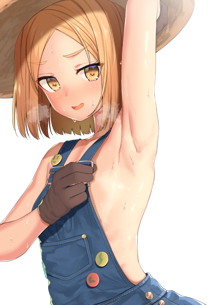 1girl, arm_up, armpits, badge, bangs, blonde_hair, body_mahattaya_ginga, brown_gloves, buttons, commentary_request, eyebrows_visible_through_hair, fate/grand_order, fate_(series), flat_chest, gloves, hat, heavy_breathing, looking_at_viewer, naked_overalls, overalls, parted_bangs, paul_bunyan_(fate/grand_order), shiny, shiny_skin, short_hair, simple_background, solo, straw_hat, sweat, white_background, yellow_eyes