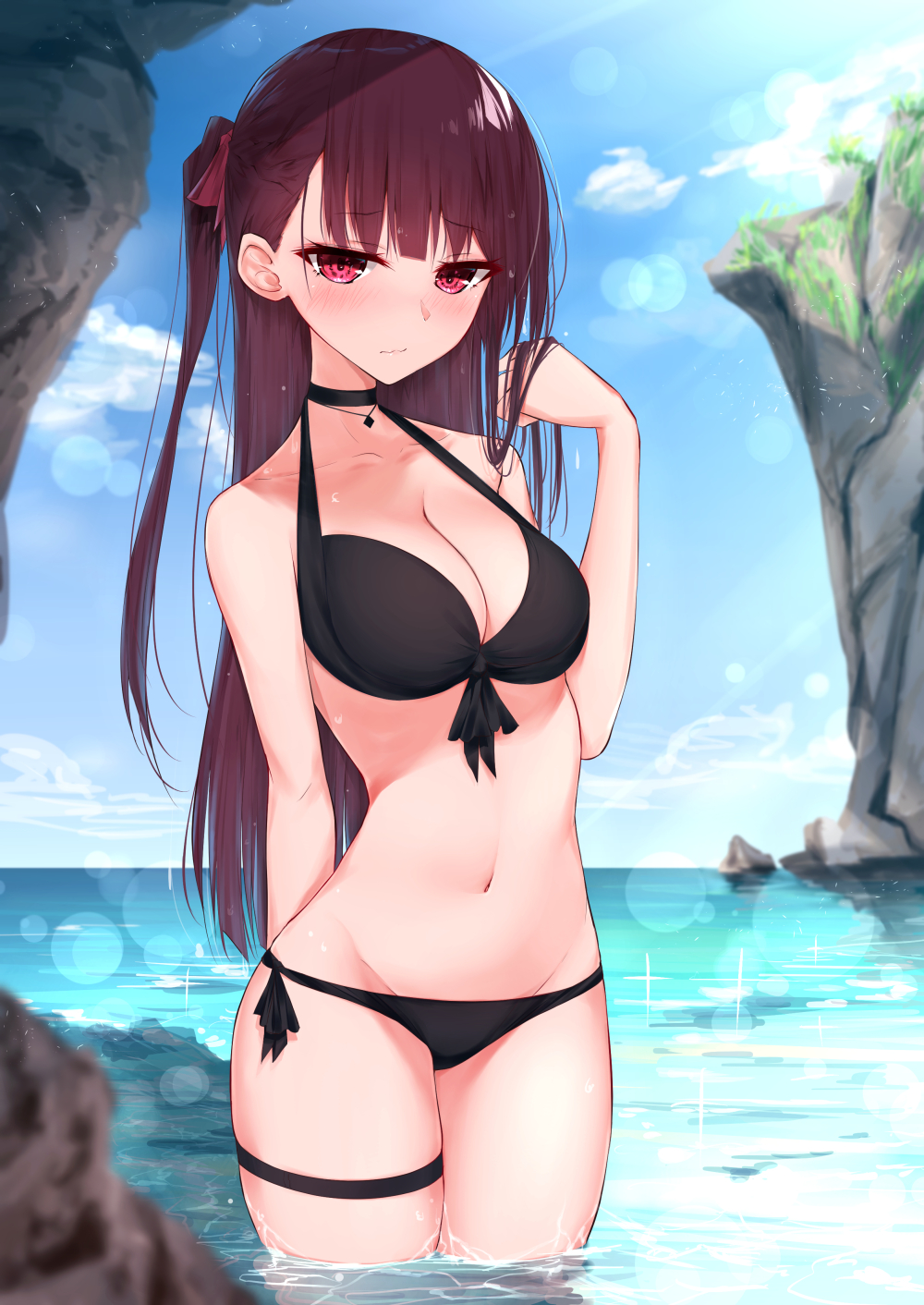 1girl, alternate_costume, bangs, beach, bikini, black_bikini, blue_sky, blush
