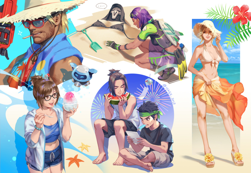 ..., 3girls, 4boys, :d, :t, ^_^, barefoot, beach