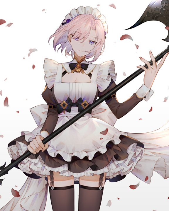 1girl, apron, axe, bangs, black_dress, black_legwear, black_neckwear, black_ribbon