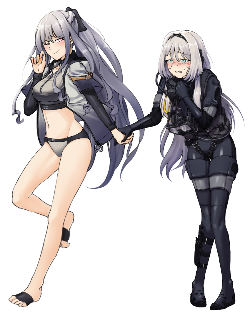 2girls, ak-12_(girls_frontline), alternate_costume, alternate_hair_color, an-94_(girls_frontline), ankle_holster, bangs, bikini