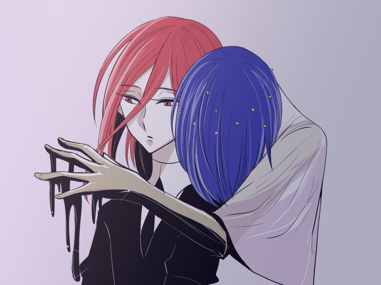 2others, androgynous, ayahashi_(yaimu333), blue_hair, gem_uniform_(houseki_no_kuni), golden_arms, hair_between_eyes, head_on_another's_shoulder