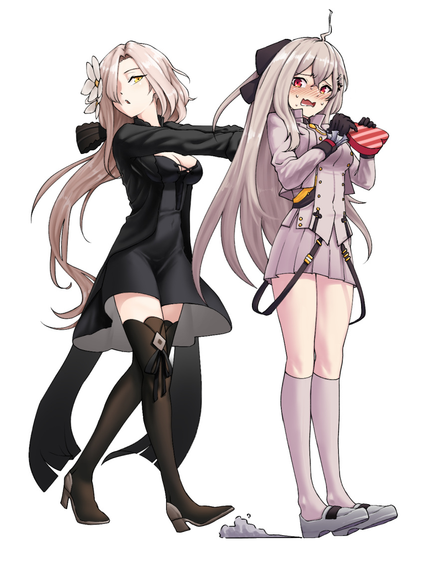 1girl, 2girls, ahoge, bangs, black_bow, black_dress, black_gloves, black_jacket