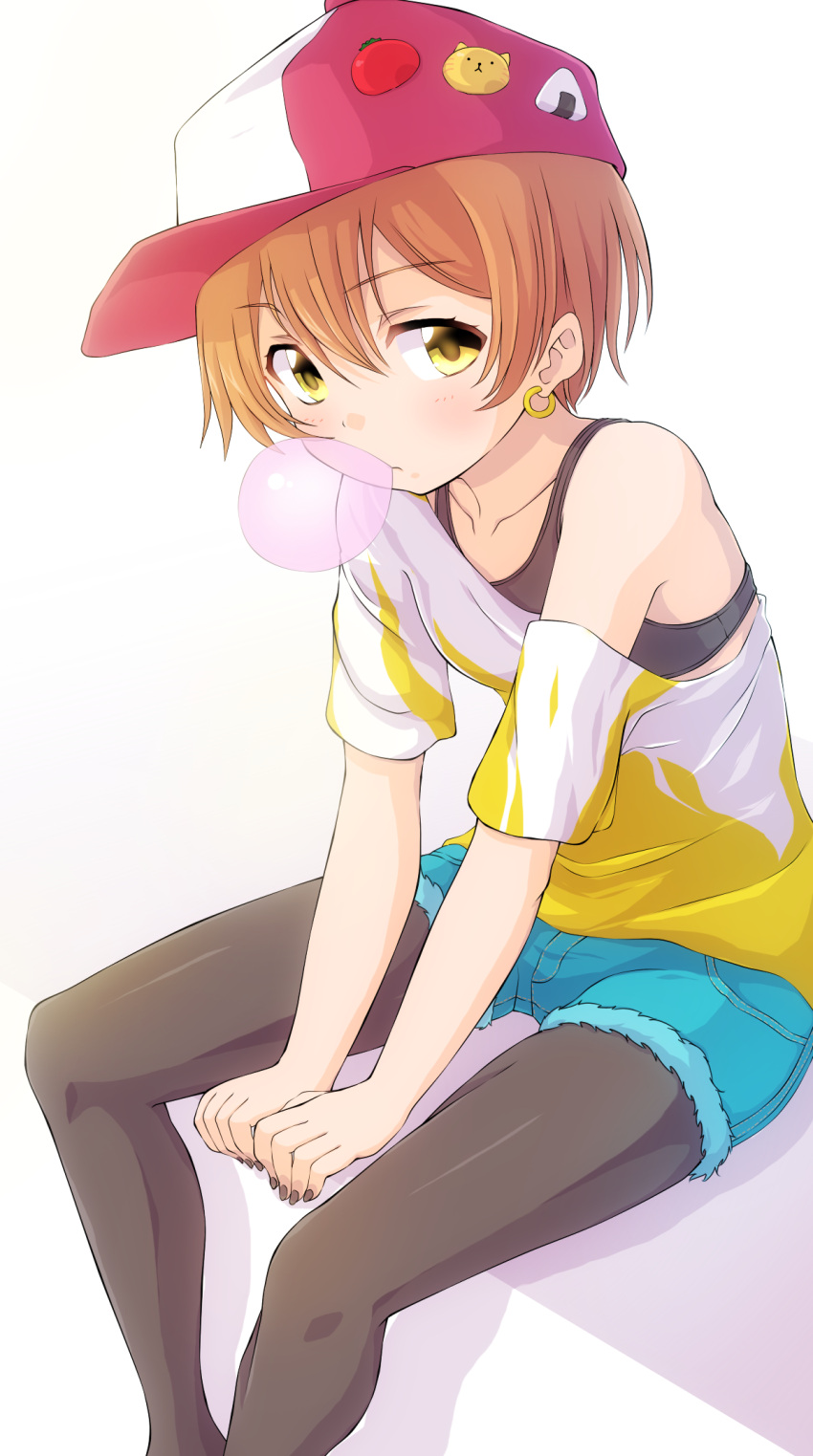 1girl, baseball_cap, between_legs, black_bra, black_legwear, black_nails, bra, bubble_blowing, chewing_gum, denim, denim_shorts, earrings, eyebrows_visible_through_hair, frown, hand_between_legs, hat, hat_ornament, hat_pin, highres, hoshizora_rin, jewelry, looking_at_viewer, love_live!, love_live!_school_idol_project, nail_polish, off-shoulder_shirt, orange_hair, pantyhose, sen_(sen0910), shirt, short_hair, short_shorts, shorts, sitting, solo, underwear, white_background, yellow_eyes