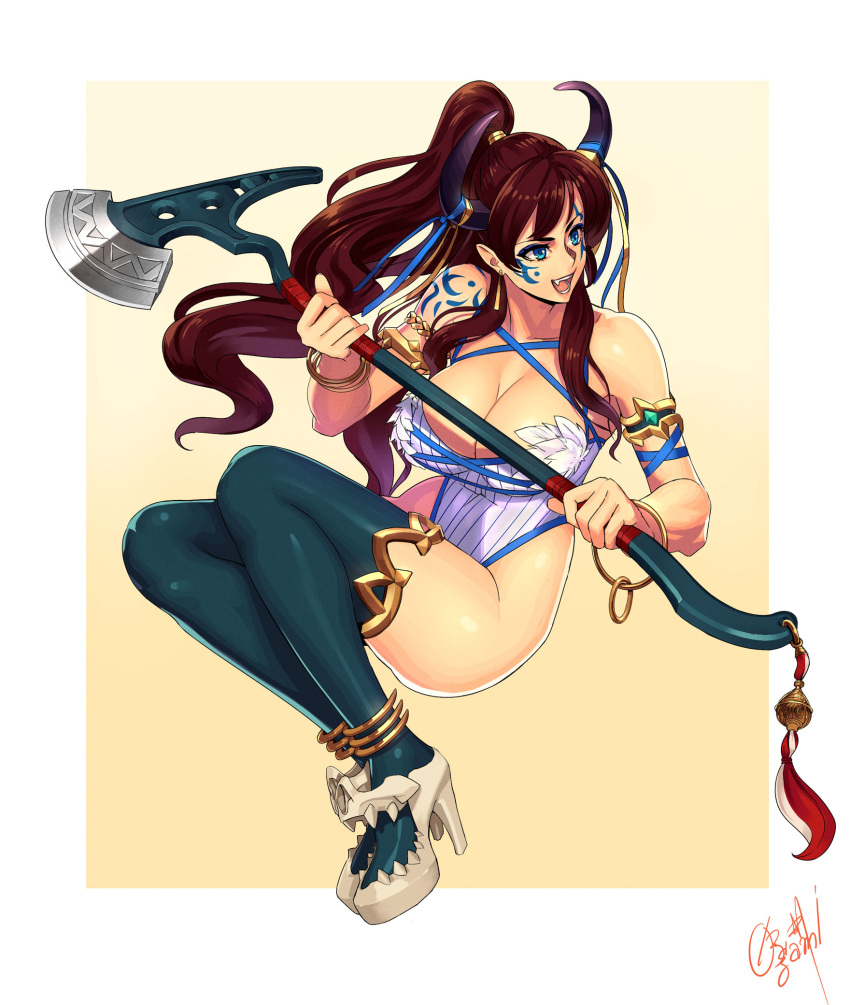 1girl, :d, armlet, axe, bangle, bangs, bare_shoulders, blue_eyes, blue_ribbon, bracelet, breasts, brown_background, brown_hair, cleavage, commentary_request, earrings, eyeshadow, facial_mark, facing_viewer, fang, full_body, green_legwear, high_ponytail, highleg, highleg_leotard, highres, holding, holding_axe, holding_weapon, horn_ribbon, horns, jewelry, large_breasts, leotard, long_hair, looking_away, looking_to_the_side, makeup, ogami, oni, open_mouth, original, pointy_ears, ponytail, ribbon, shiny, shiny_hair, shiny_skin, shoulder_tattoo, sidelocks, signature, smile, solo, striped, tassel, tattoo, thigh-highs, vertical-striped_leotard, vertical_stripes, wavy_hair, weapon, white_background, white_leotard, yellow_ribbon