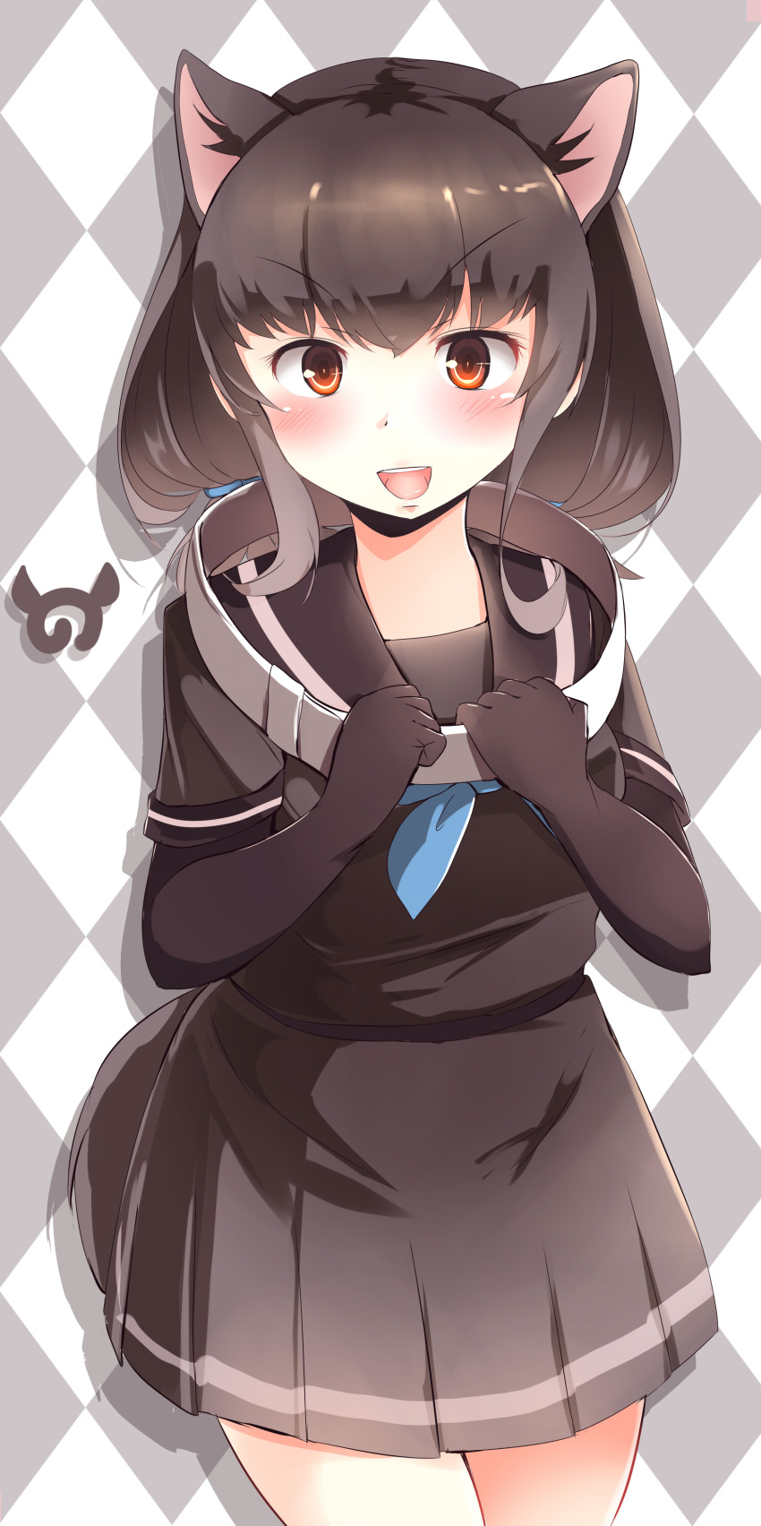 1girl, :d, absurdres, argyle, argyle_background, black_gloves, black_hair, black_sailor_collar