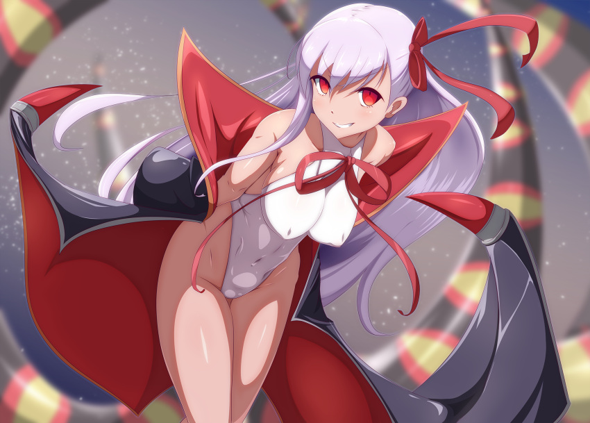 1girl, bare_shoulders, bb_(fate)_(all), bb_(swimsuit_mooncancer)_(fate), black_coat, blush, breasts, commentary_request