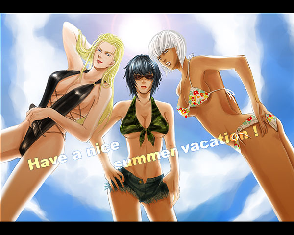 bikini, black_hair, blonde_hair, breasts, cleavage, cloud, dark_skin, denim