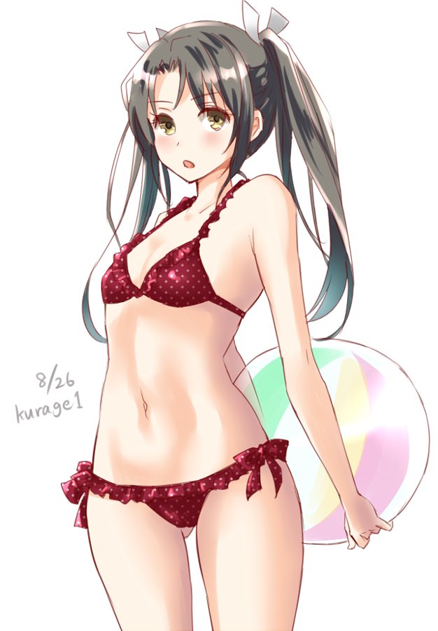 1girl, ball, beachball, bikini, black_hair, blush, breasts, eyebrows_visible_through_hair