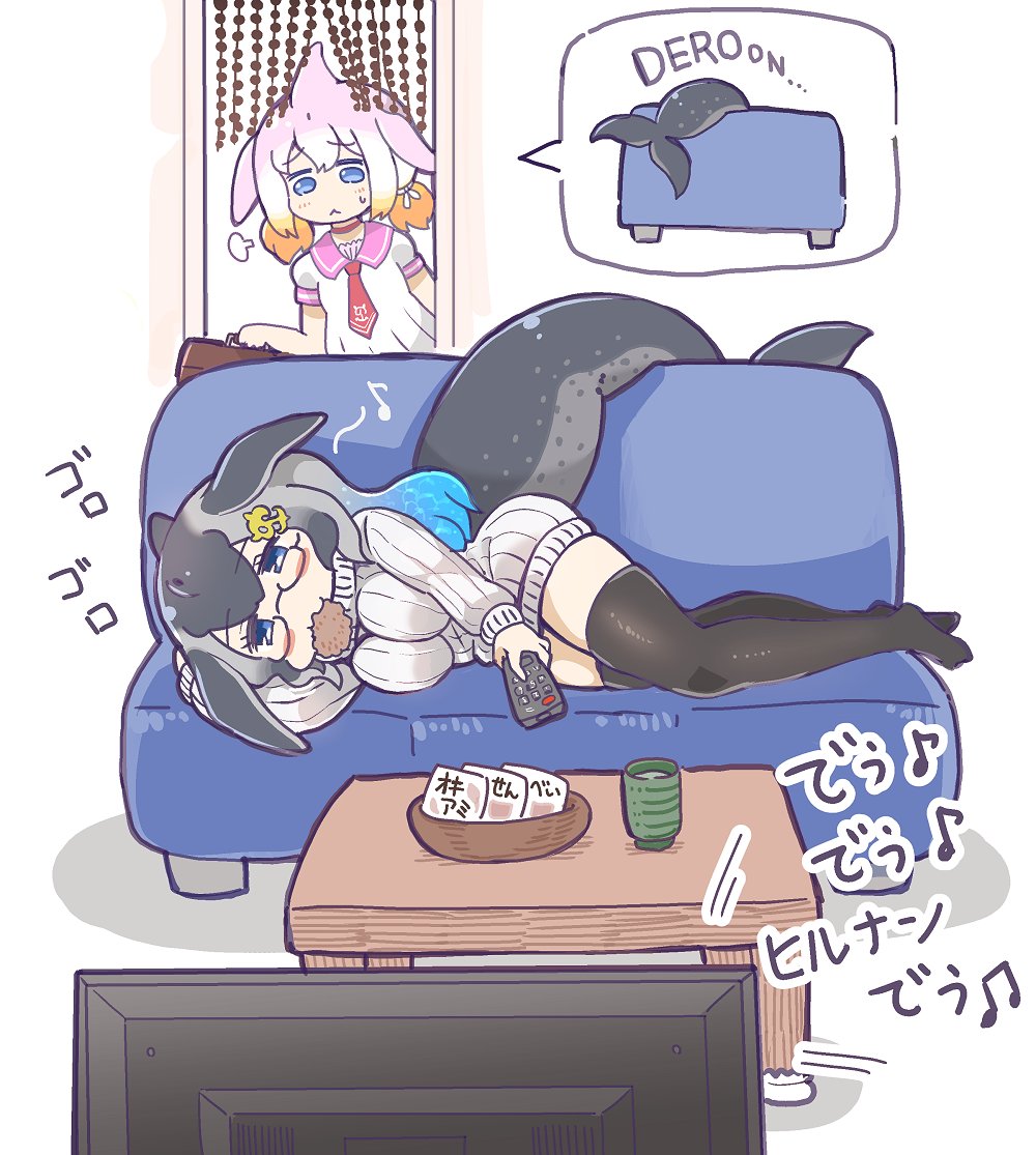 2girls, =3, anchor_hair_ornament, aqua_hair, bead_curtain, blowhole, blue_eyes, blue_whale_(kemono_friends)