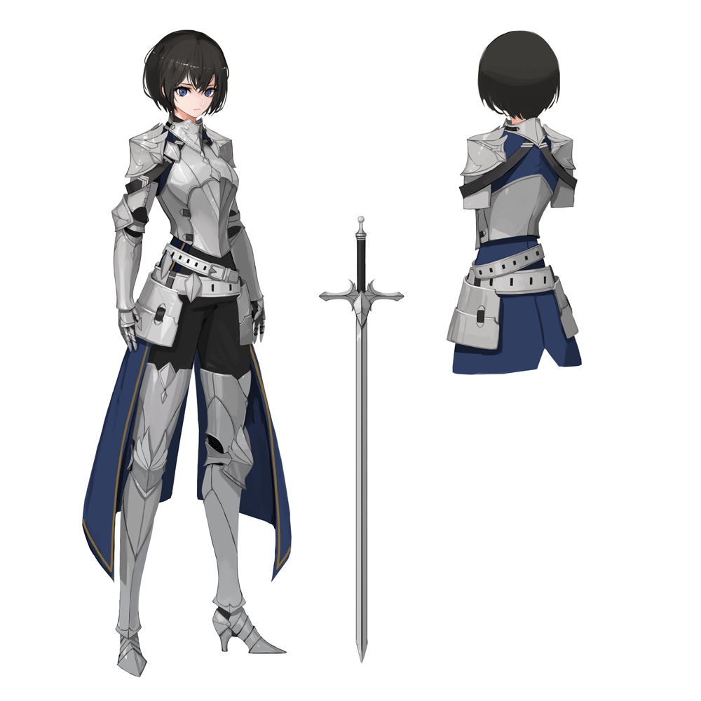 1girl, akai2930, armor, armored_boots, arms_at_sides, belt, black_hair, blue_eyes, boots, breastplate, expressionless, gauntlets, high_heels, knight, looking_at_viewer, original, sabaton, short_hair, shoulder_armor, sword, weapon, white_background