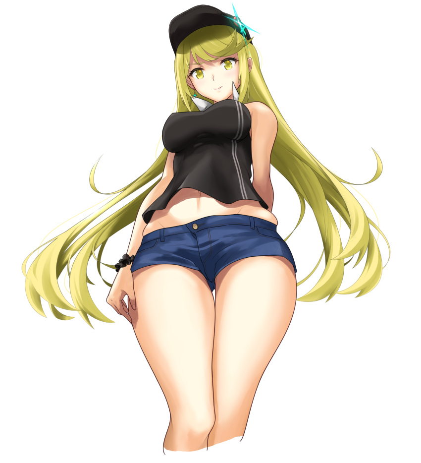 1girl, arm_behind_back, baseball_cap, blonde_hair, breasts, casual, closed_mouth, commentary_request