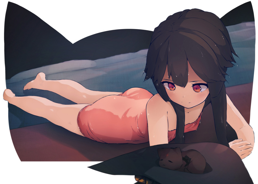 1girl, 1other, ass, bakadebiru, bare_legs, bare_shoulders, barefoot, black_hair