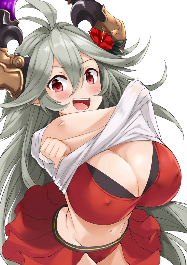 1girl, ahoge, bangs, blush, breasts, cleavage, draph, eyebrows_visible_through_hair, flower, granblue_fantasy, grey_hair, hair_between_eyes, hair_flower, hair_ornament, horns, ky_kosuke, large_breasts, long_hair, looking_at_viewer, nipples, open_mouth, red_eyes, simple_background, smile, solo, swimsuit, thalatha_(granblue_fantasy), very_long_hair
