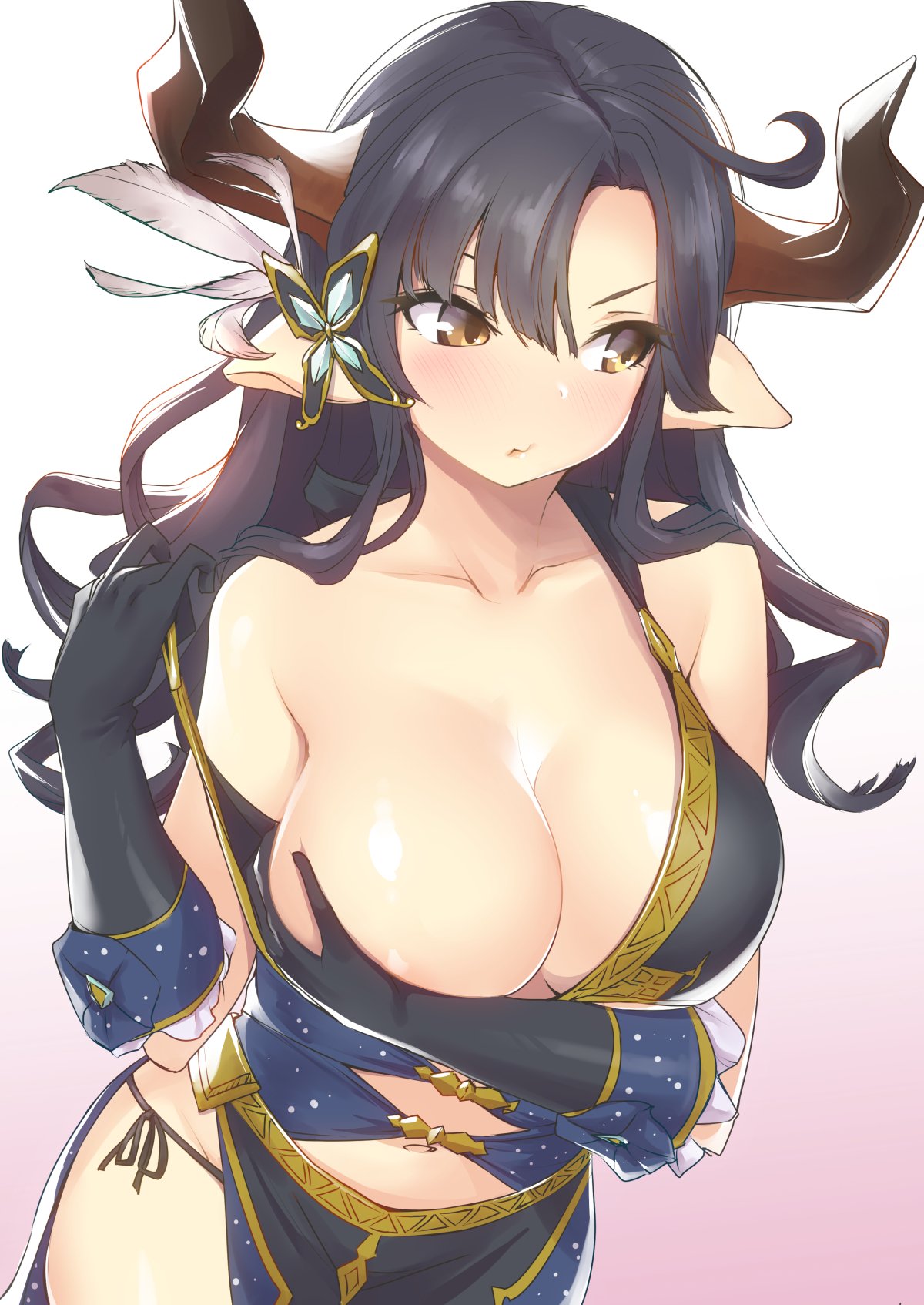 1girl, animal_ears, augusta_(granblue_fantasy), black_gloves, black_hair, blush, breast_hold, breasts