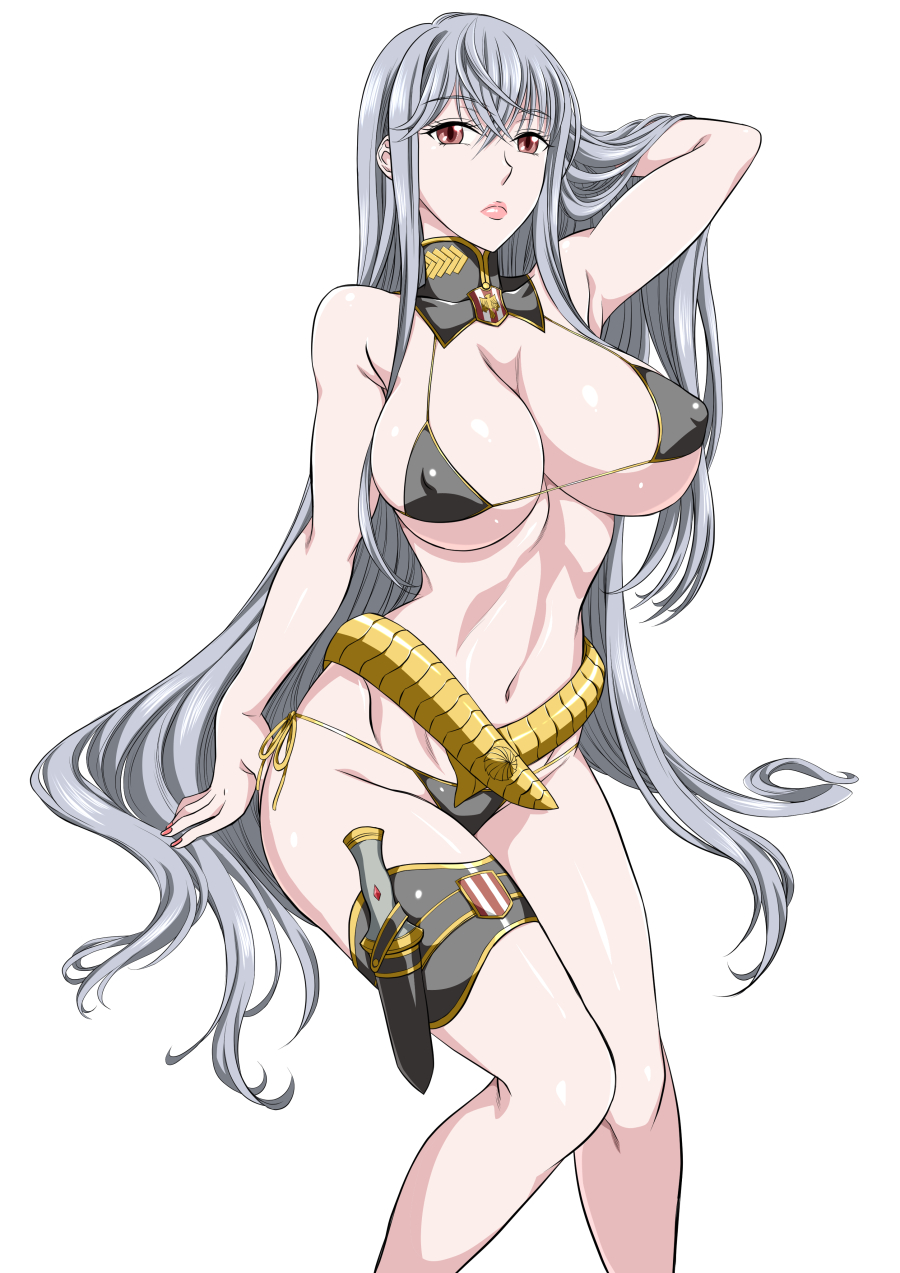 1girl, adapted_costume, bikini, black_bikini, breasts, cleavage, covered_nipples, cowboy_shot