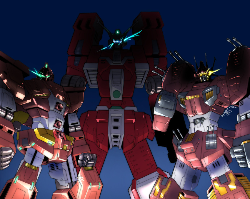antennae, blue_background, cannon, clenched_hands, densetsu_kyojin_ideon, glowing, gun, gundam