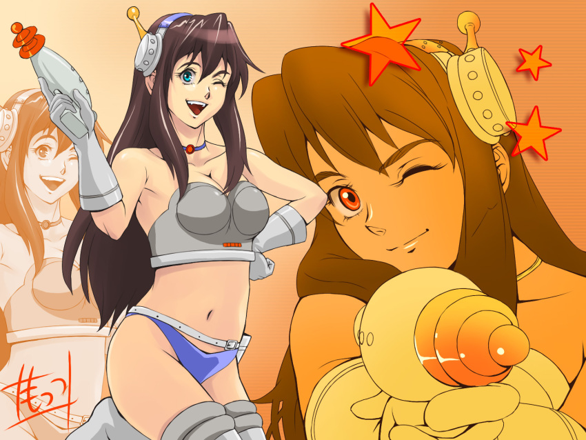 bad_id, birdy_cephon_altirra, birdy_the_mighty_decode, blue_eyes, breasts, brown_hair, cleavage, collar