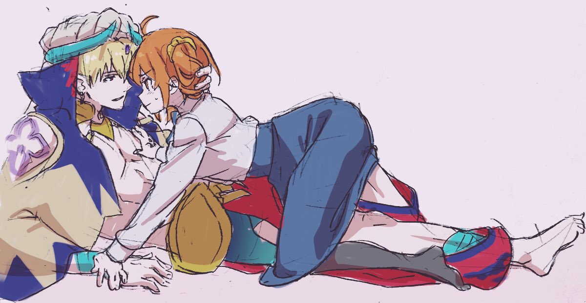 1boy, 1girl, ahoge, all_fours, artoria_pendragon_(all), barefoot, blonde_hair, blue_neckwear