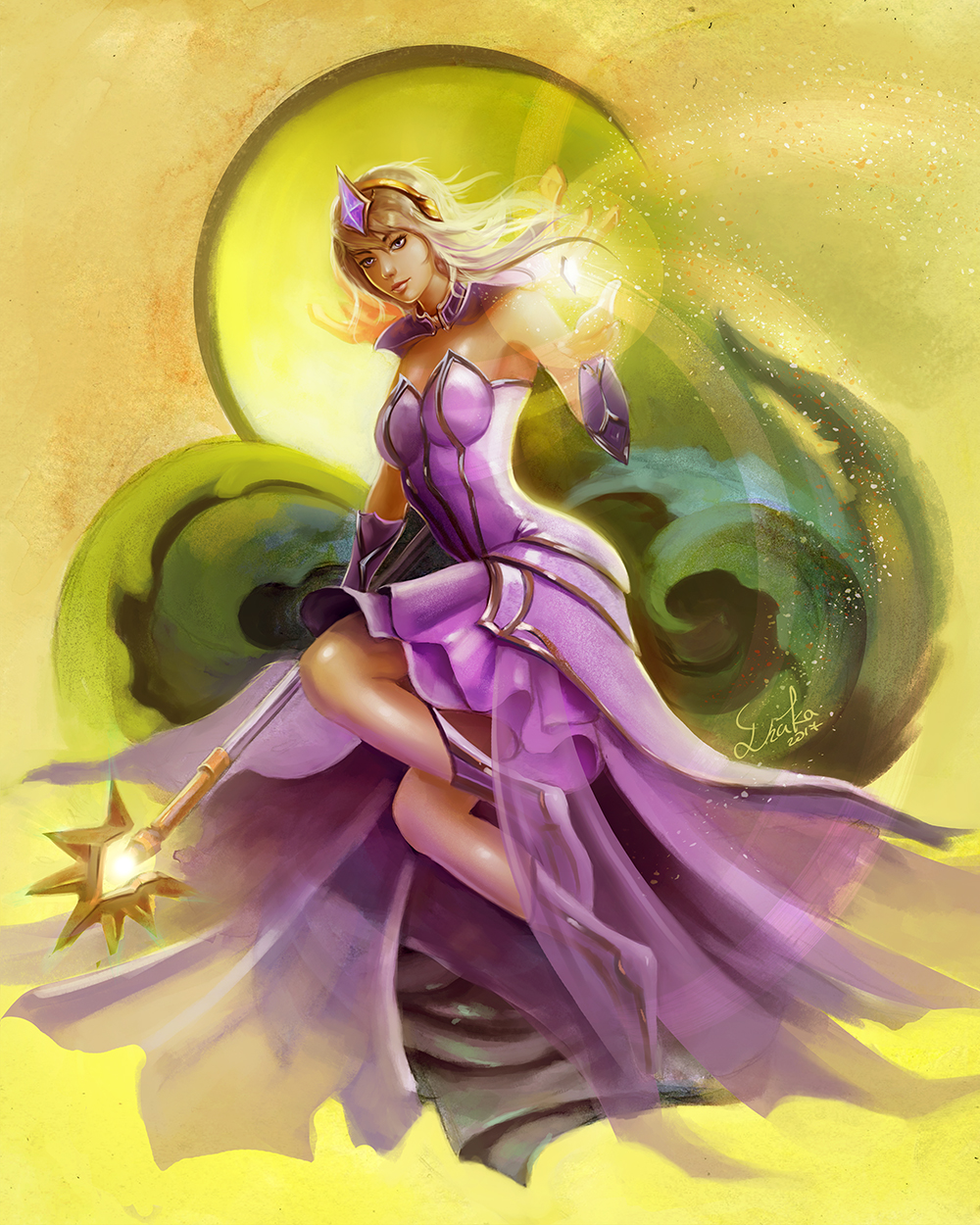 1girl, armpits, bare_shoulders, blonde_hair, bracer, breasts, diadem, dress