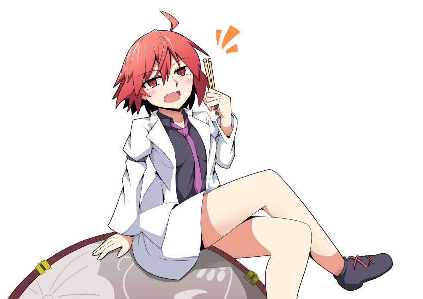 1girl, absurdres, agu_(antyosan), ahoge, bangs, black_legwear, black_shirt, blush, breasts, drum, drumsticks, eyebrows_visible_through_hair, fang, full_body, hair_between_eyes, hand_up, highres, holding, horikawa_raiko, instrument, jacket, legs_crossed, long_sleeves, necktie, open_clothes, open_jacket, open_mouth, purple_neckwear, red_eyes, redhead, shirt, shoes, short_hair, simple_background, sitting, smile, solo, taiko_drum, touhou, white_background, white_jacket