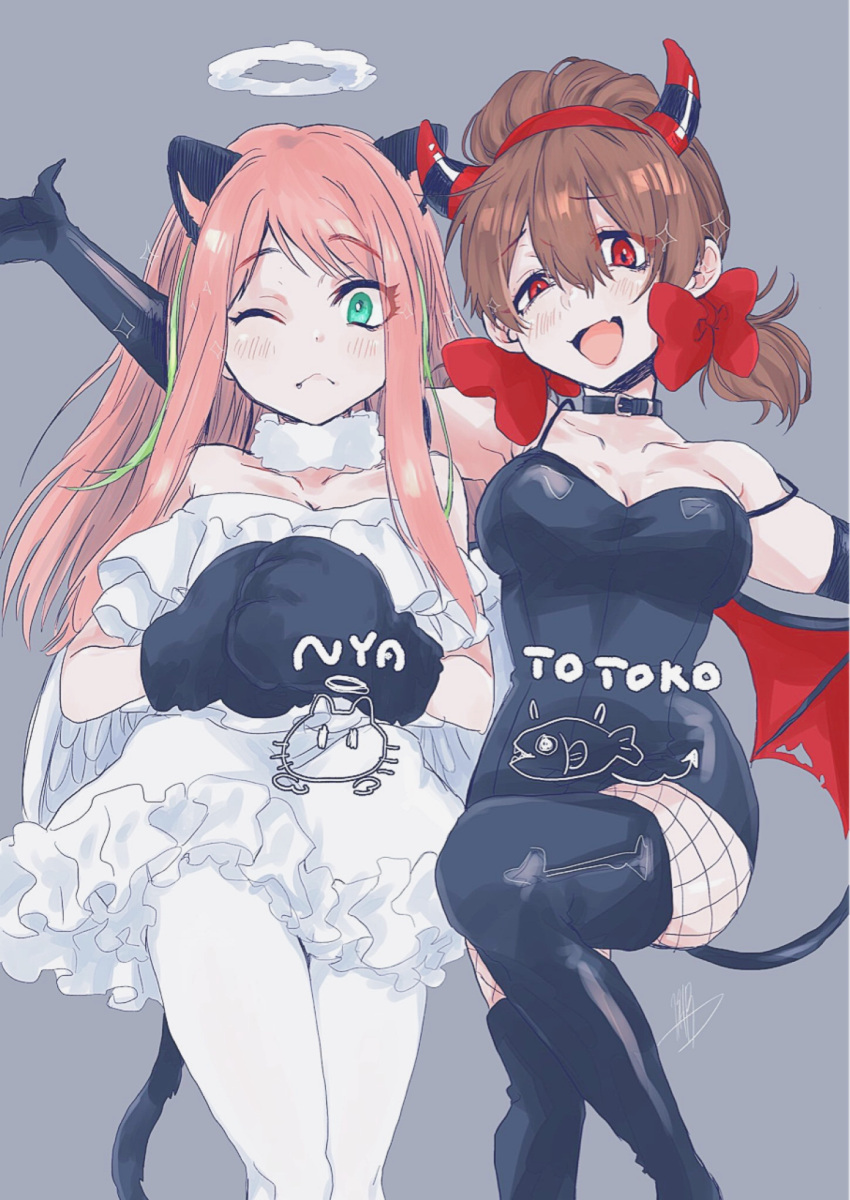 2girls, angel_wings, animal_ears, cat, cat_ears, cat_tail, clouds, demon