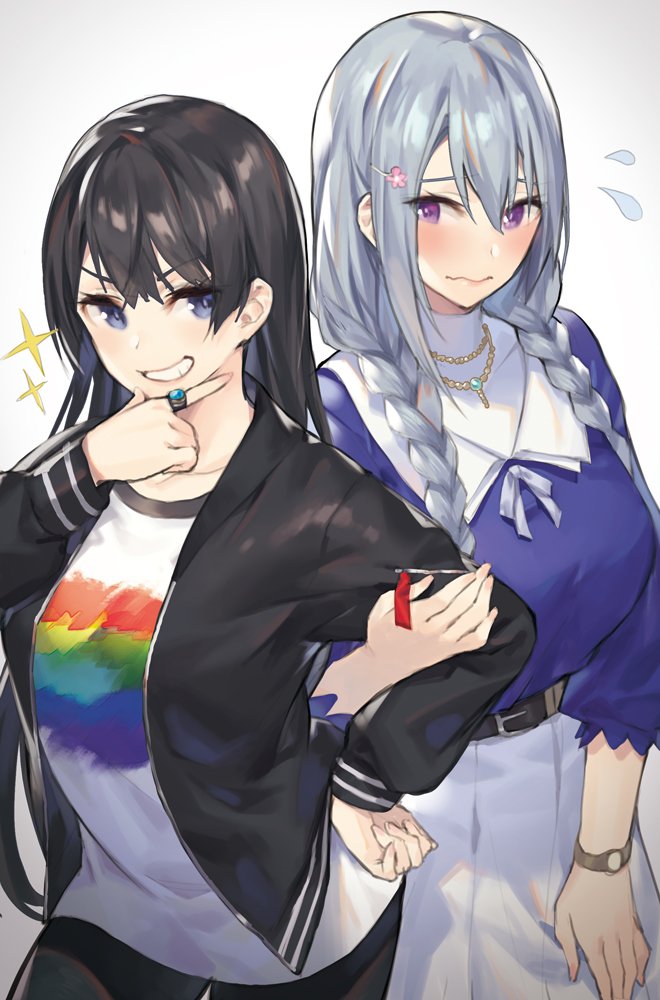 2girls, alternate_hairstyle, arm_holding, belt, black_hair, black_jacket, blush, braid