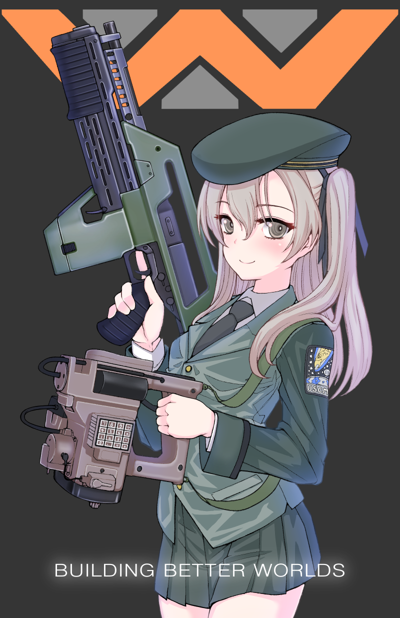 1girl, aliens, assault_rifle, bangs, beret, black_background, black_hat, black_jacket