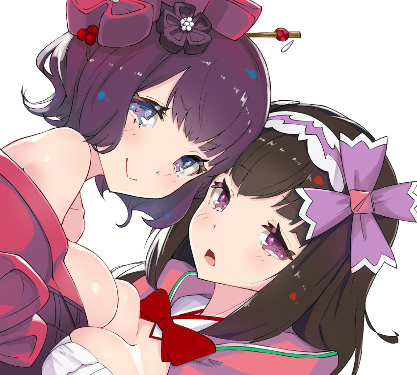 2girls, asarokuji, asymmetrical_docking, bangs, bare_shoulders, blue_eyes, bow, bowtie