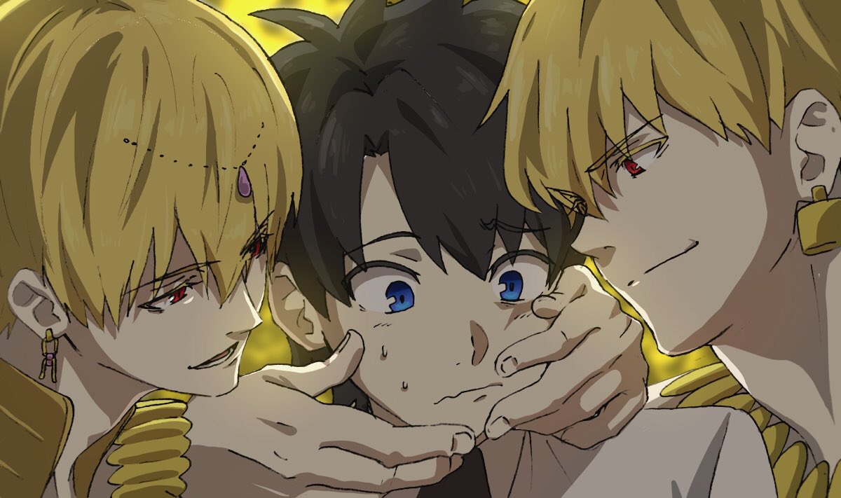3boys, blonde_hair, blue_eyes, bracelet, brown_hair, closed_mouth, commentary_request, dual_persona