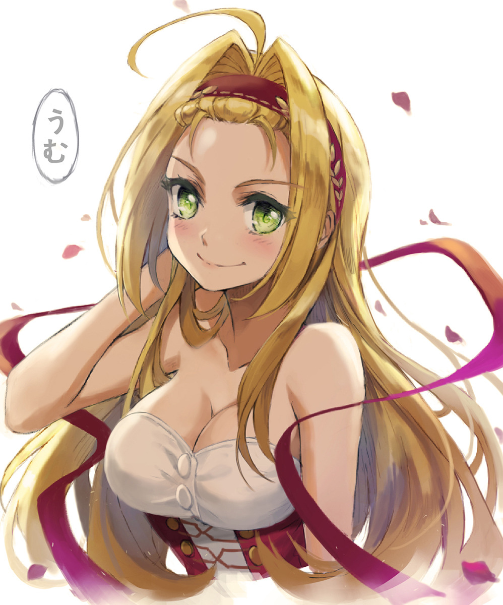 1girl, ahoge, alternate_hairstyle, bangs_pinned_back, bare_shoulders, blue_eyes, blush, breasts