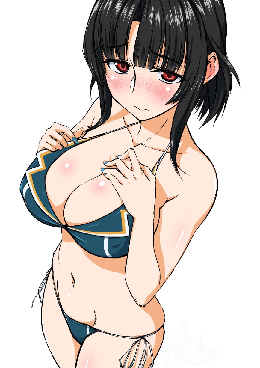 1girl, bangs, bikini, black_hair, blue_nails, blunt_bangs, breasts, cleavage