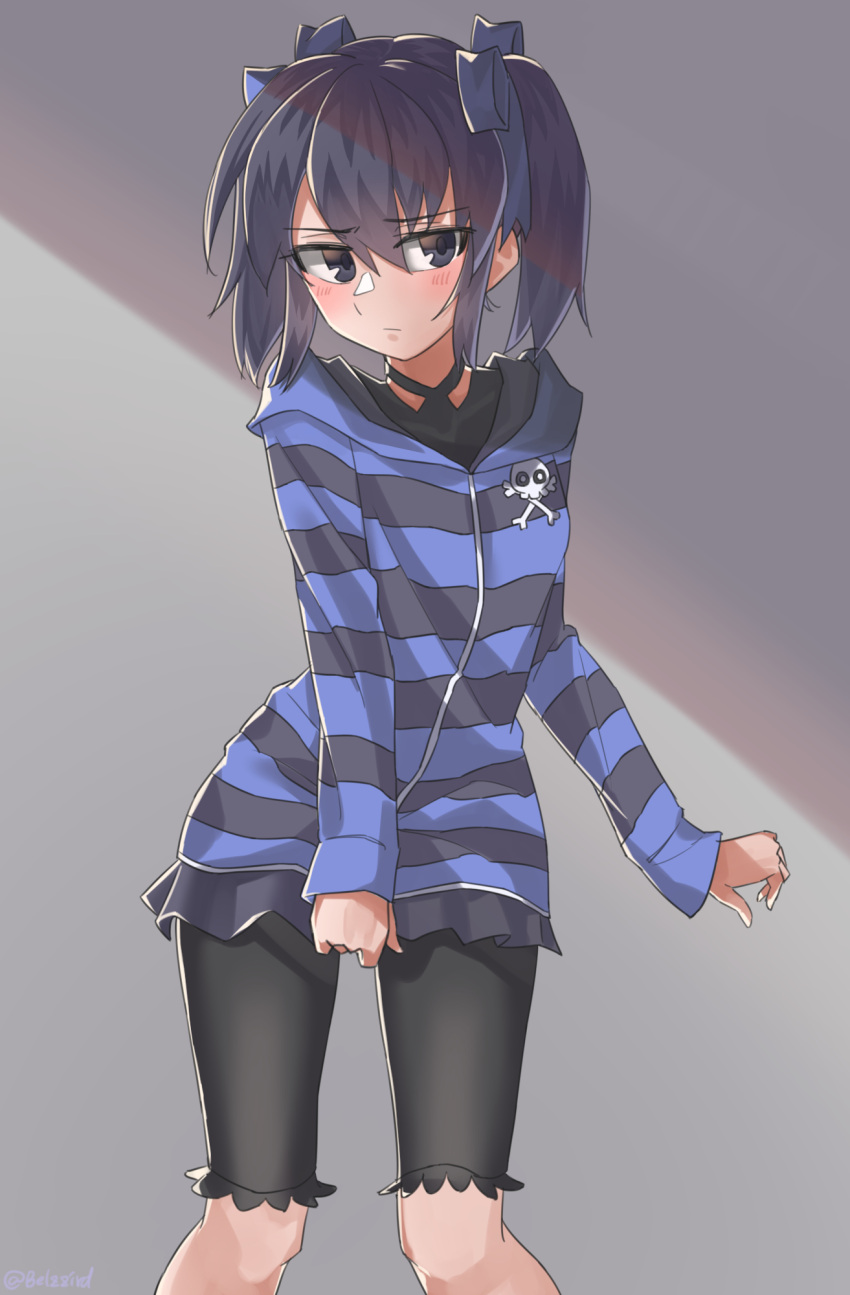 1girl, bike_shorts, black_choker, black_eyes, black_hair, black_shirt, blue_ribbon, blue_shirt