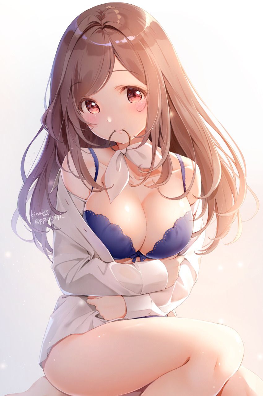 1girl, bangs, bare_shoulders, blouse, blue_bow, blue_bra, blush, bow, bow_bra, bra, breast_hold, breasts, brown_hair, cleavage, collarbone, colored_eyelashes, commentary_request, eyebrows_visible_through_hair, gradient, gradient_background, grey_background, hair_bow, head_tilt, highres, idolmaster, idolmaster_shiny_colors, large_breasts, long_hair, looking_at_viewer, mouth_hold, open_blouse, open_clothes, pink_eyes, ribbon, shiny, shiny_hair, shiny_skin, shiratama_akane, signature, sitting, solo, thighs, tsukioka_kogane, twitter_username, unbuttoned, underwear, white_background, white_blouse