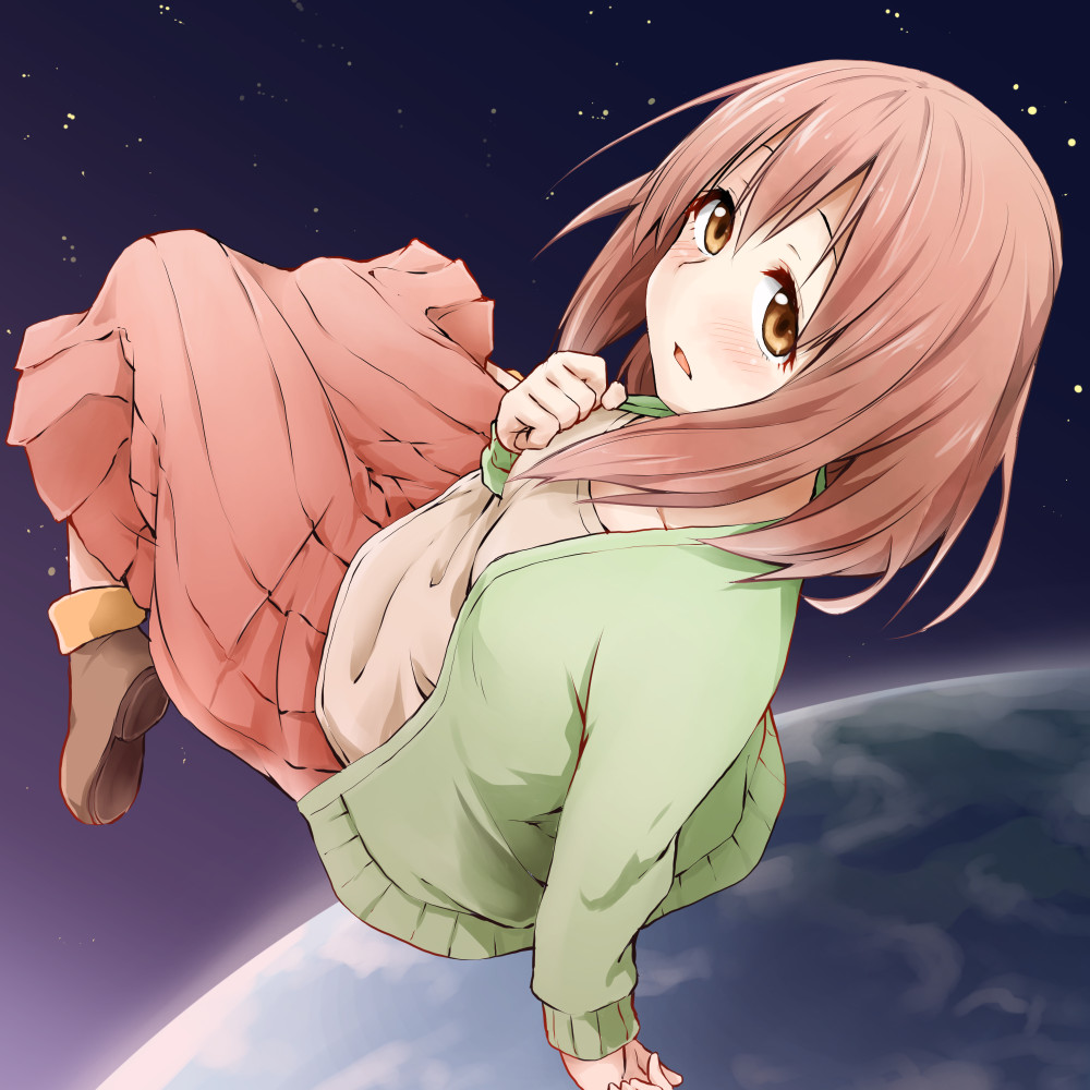 1girl, brown_eyes, brown_hair, cardigan, commentary_request, earth, kagiana, kumashiro_harumi, long_hair, long_skirt, planet_with, skirt, solo, space, star_(sky)