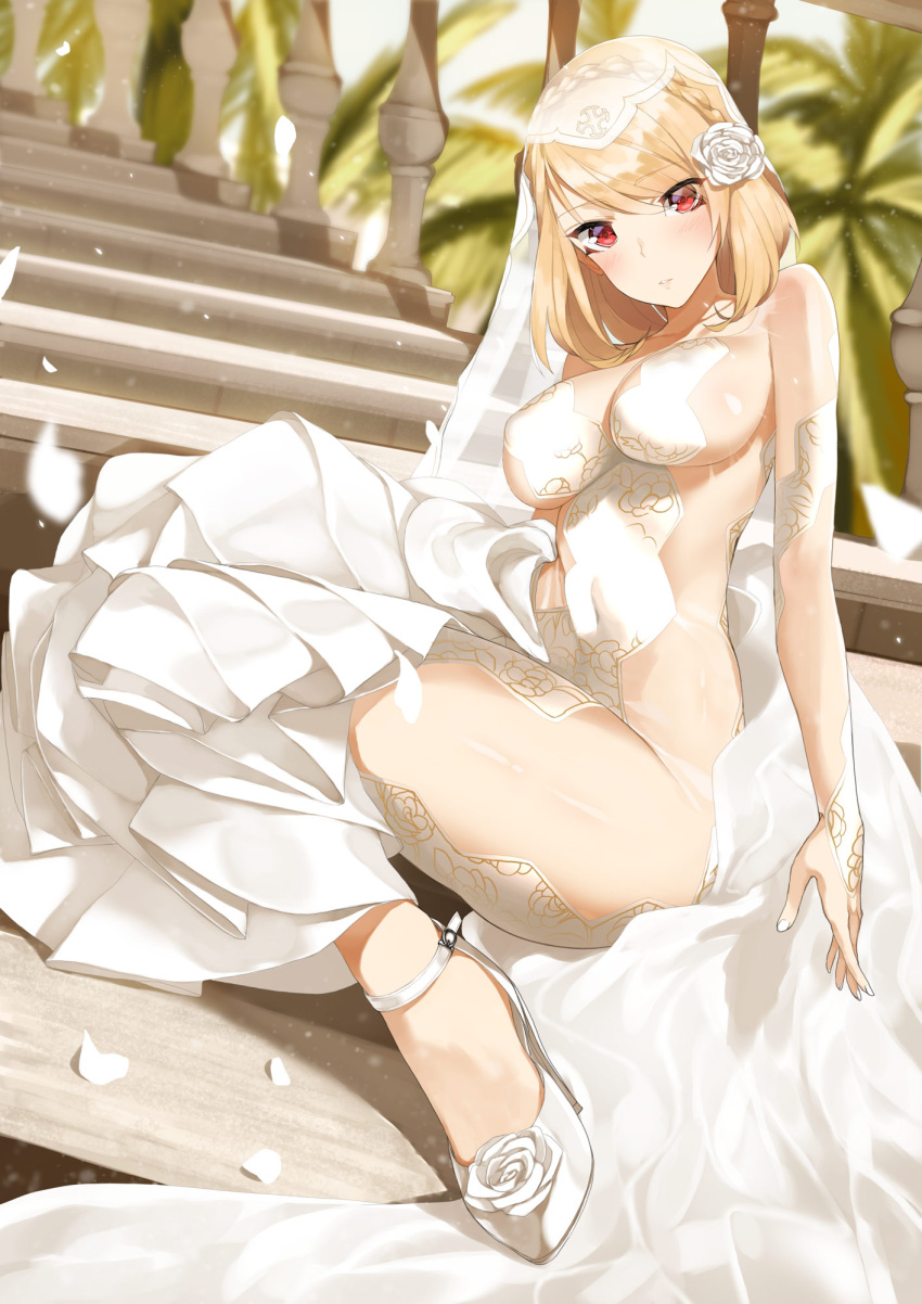 1girl, azur_lane, blonde_hair, blurry, blurry_background, blush, braid, breasts, cleavage, covered_navel, crown_braid, depth_of_field, dress, eyebrows_visible_through_hair, flower, foreshortening, full_body, hair_flower, hair_ornament, high_heels, highres, large_breasts, long_dress, long_sleeves, looking_at_viewer, medium_hair, parted_lips, petals, prince_of_wales_(azur_lane), red_eyes, see-through, sitting, solo, throtem, veil, white_dress