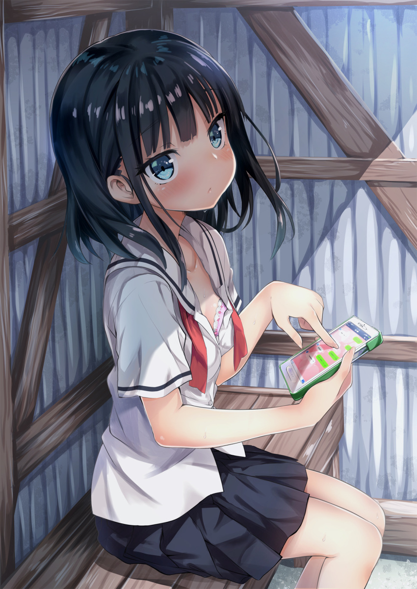 1girl, bangs, black_hair, black_skirt, blue_eyes, blush, bow, bow_bra