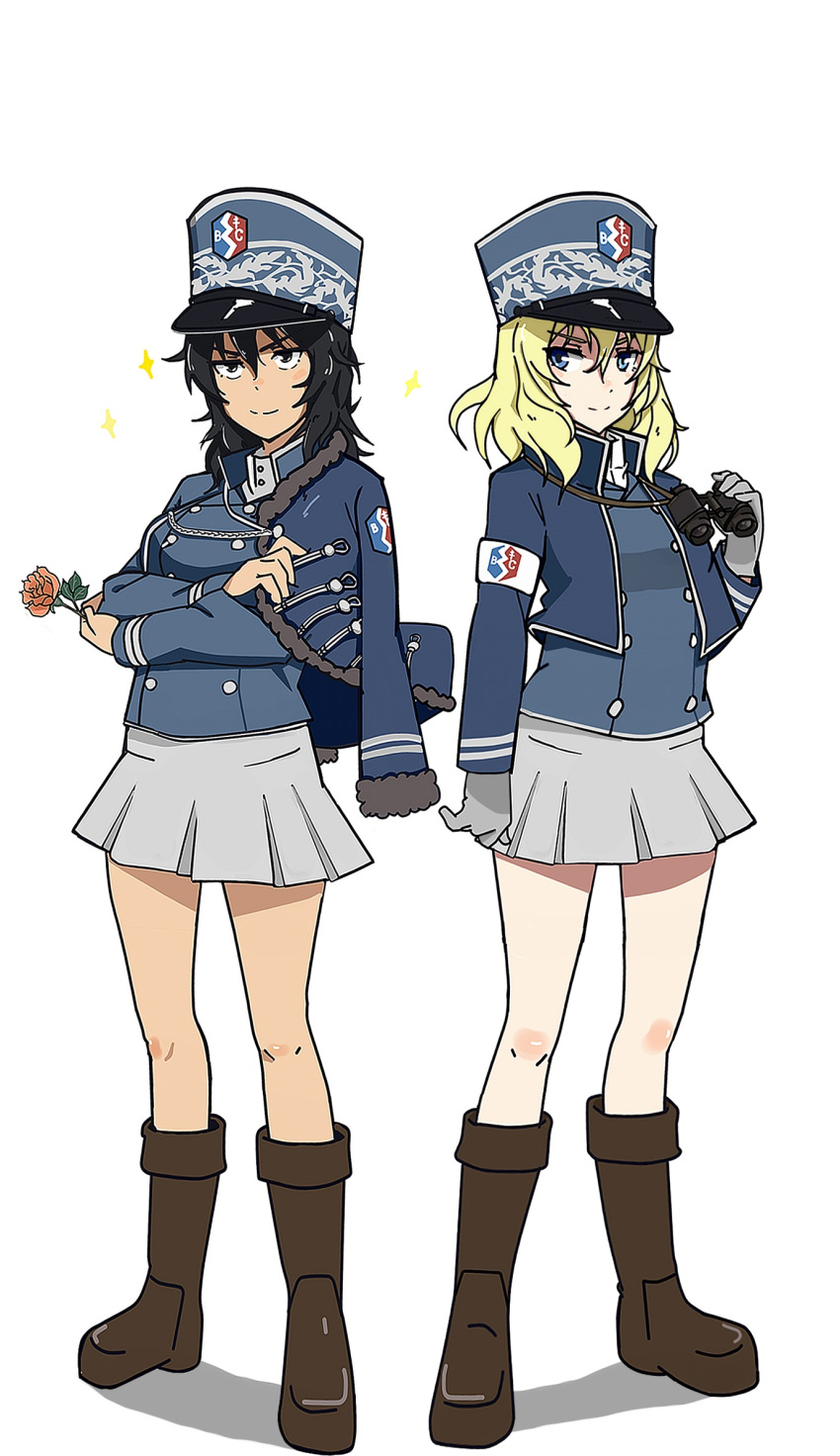 2girls, adapted_uniform, andou_(girls_und_panzer), arm_grab, armband, bangs, bc_freedom_(emblem), bc_freedom_military_uniform