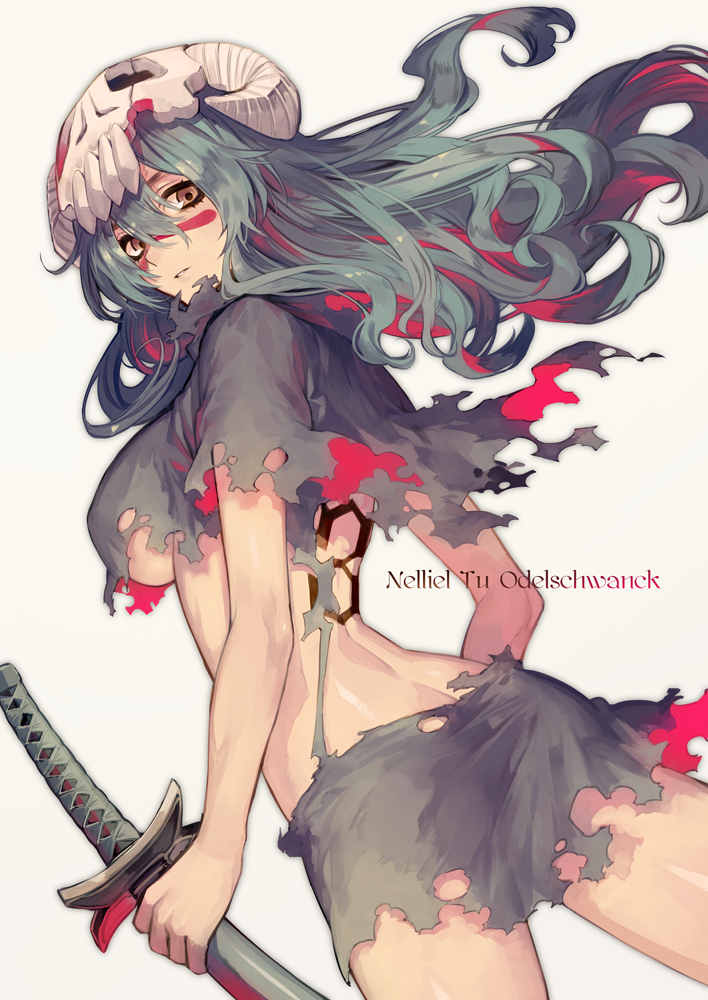1girl, arrancar, back, back_tattoo, beige_background, bleach, breasts, brown_eyes