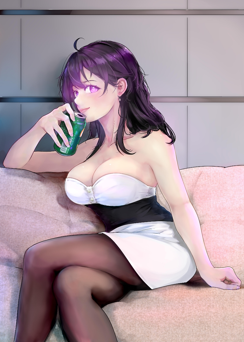 1girl, ahoge, arm_rest, arm_support, bare_shoulders, beer_can, beifeng_han, black_hair