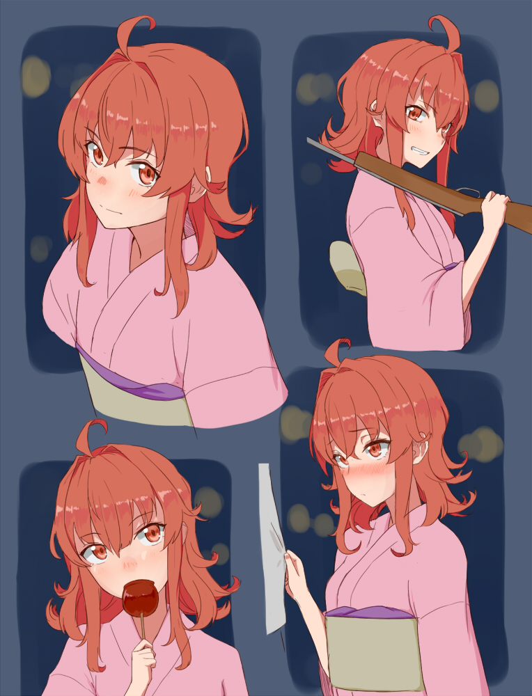 1girl, ahoge, alternate_costume, arashi_(kantai_collection), blush, candy_apple, clothes_pull, eyebrows_visible_through_hair, food, grin, holding, holding_food, holding_rifle, japanese_clothes, kantai_collection, kimono, looking_at_viewer, messy_hair, multiple_views, over_shoulder, pink_kimono, red_eyes, redhead, shooting_gallery, smile, tsurugi_muda, weapon, weapon_over_shoulder, yukata