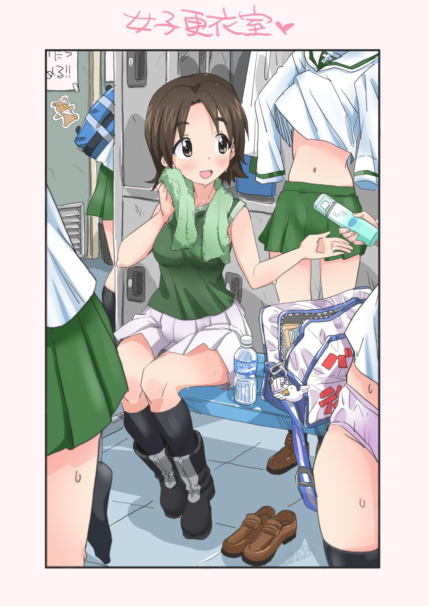 5girls, bandage, bear, boots, bottle, brown_hair, changing_clothes, deodorant