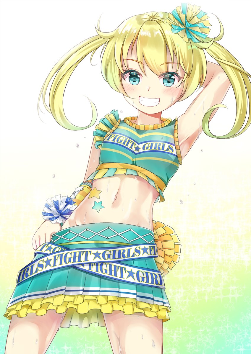 1girl, aqua_eyes, aqua_skirt, arm_behind_head, arm_up, armpits, bare_shoulders, blonde_hair