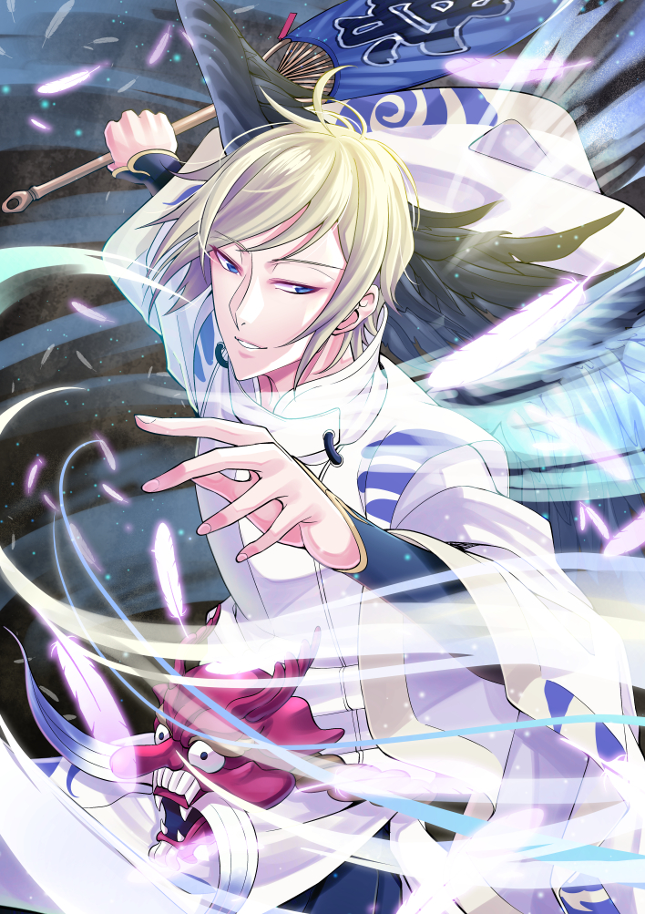 1boy, black_wings, blonde_hair, blue_eyes, daitengu, fan, feathers, looking_at_viewer